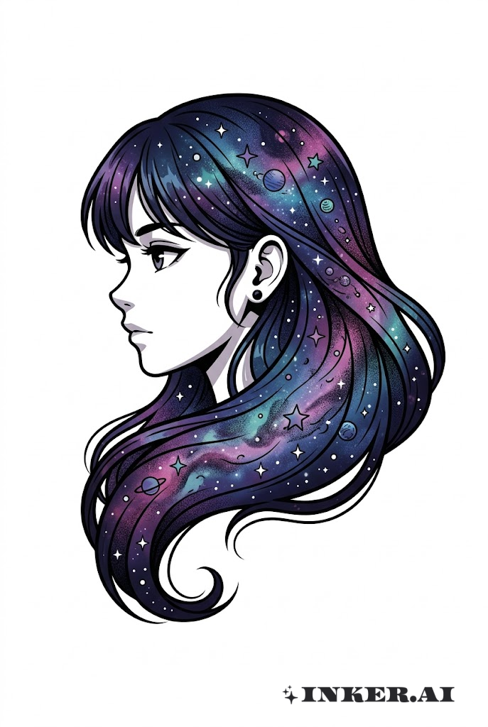 Anime Girl with Galaxy Hair Tattoo