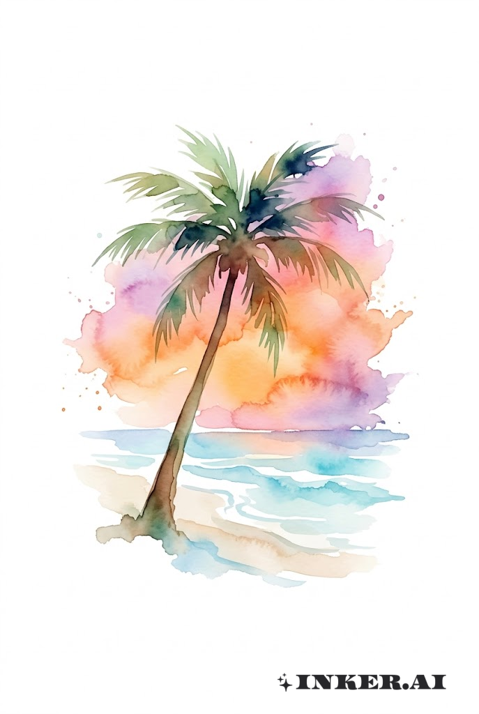 Escena de Acuarela con Palmeras al Atardecer