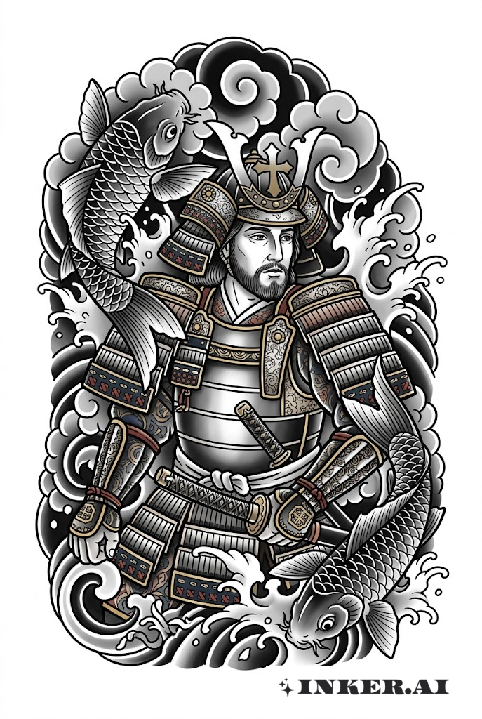 Jesus mit Samurai-Rüstung und Koi-Fischen