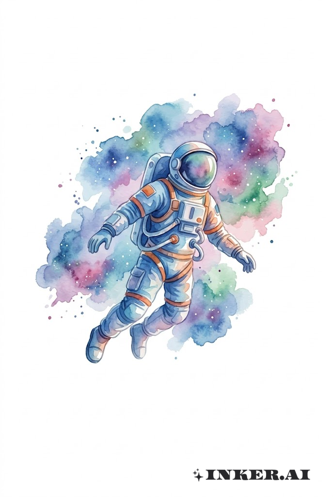 Watercolor Astronaut Floating Among Stars