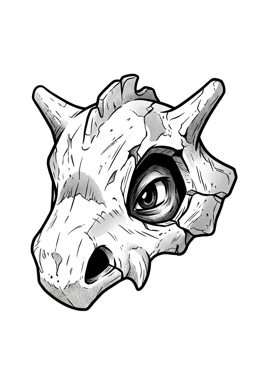 Portrait de Casque d'Os de Cubone en Noir et Gris