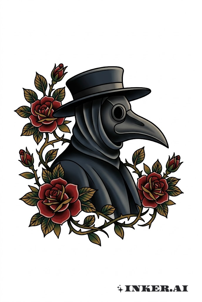 傳統瘟疫醫師搭配玫瑰