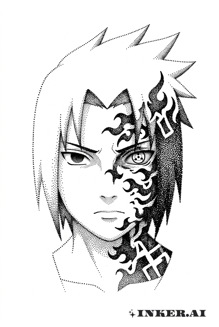 Cara dividida de Sasuke con sello maldito en estilo Dotwork