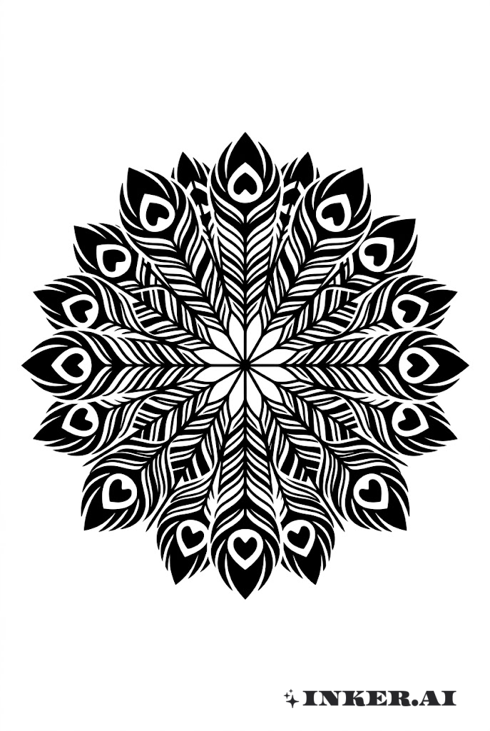 Mandala de Plumas de Pavo Real en Blackwork
