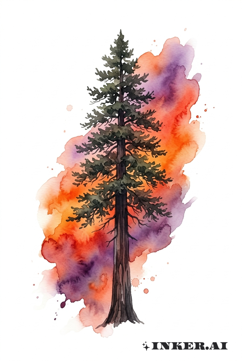 日落红杉树水彩纹身设计
