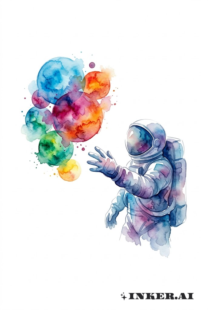 Astronaut Reaching for Watercolor Planets