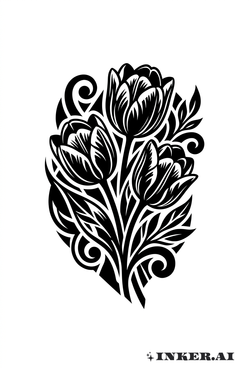 Bouquet abstrait de tulipes en Blackwork