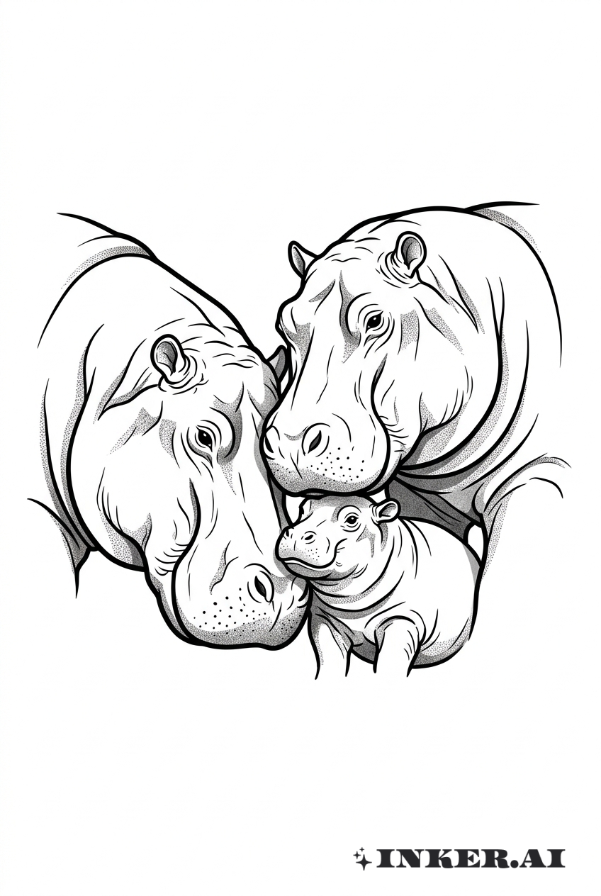 Nilpferd-Familienumarmung Schwarz und Grau