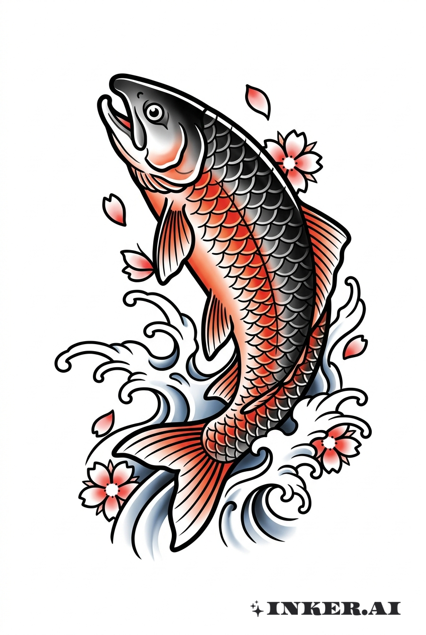 一个充满动感的纹身设计,呈现了一条鲑鱼在风格化的日本海浪和旋转水流中逆流而上的场景。