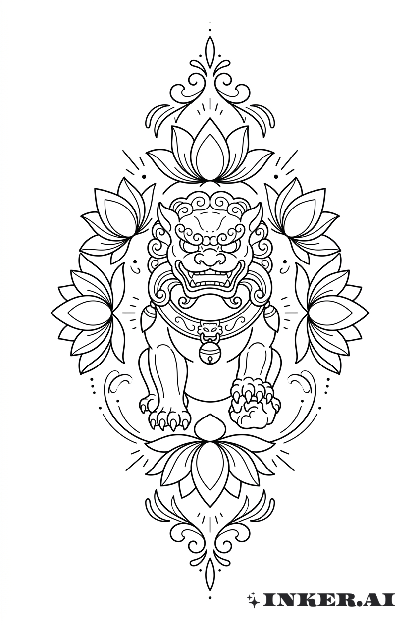 Leão guardião com auréola de lótus