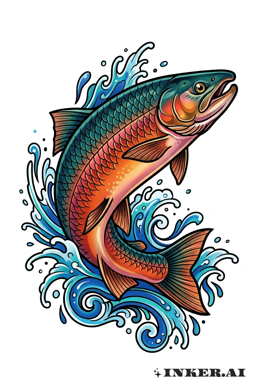 新传统风格的鲑鱼跃动