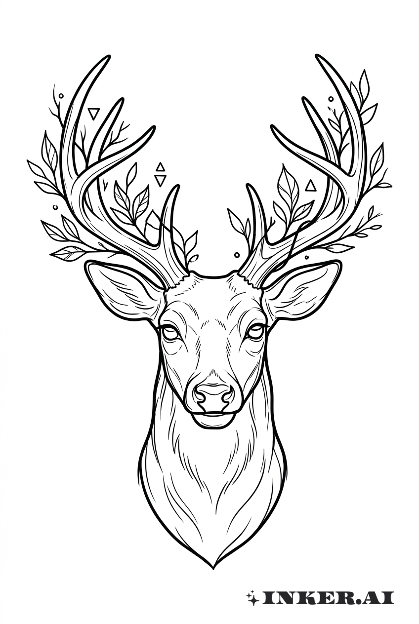 Sketch of a Buck Head with Antlers and Forest Elements