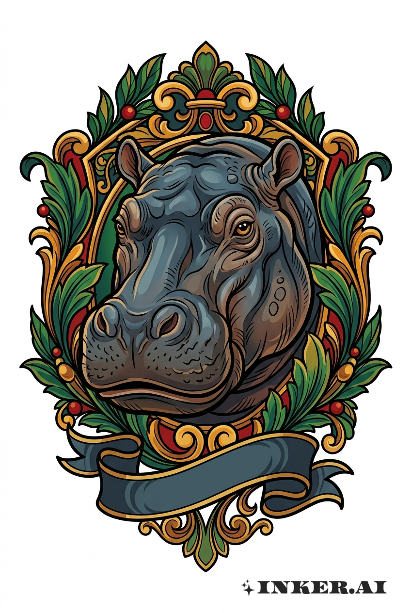 Neo-Traditioneller Nilpferdkopf mit heraldischen Elementen