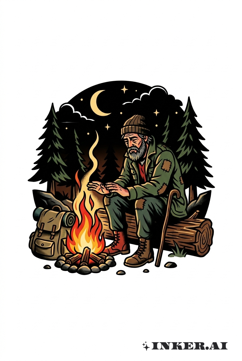 Vagabundo Sentado ao Lado da Fogueira Tatuagem Tradicional