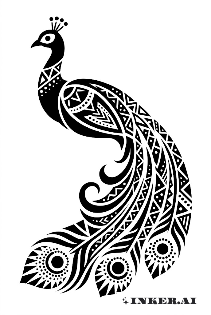 孔雀の横顔と黒インクの装飾羽毛
