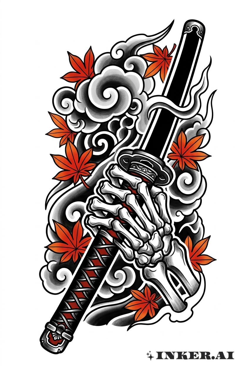 Samurai-Schädelhand, die ein Katana greift