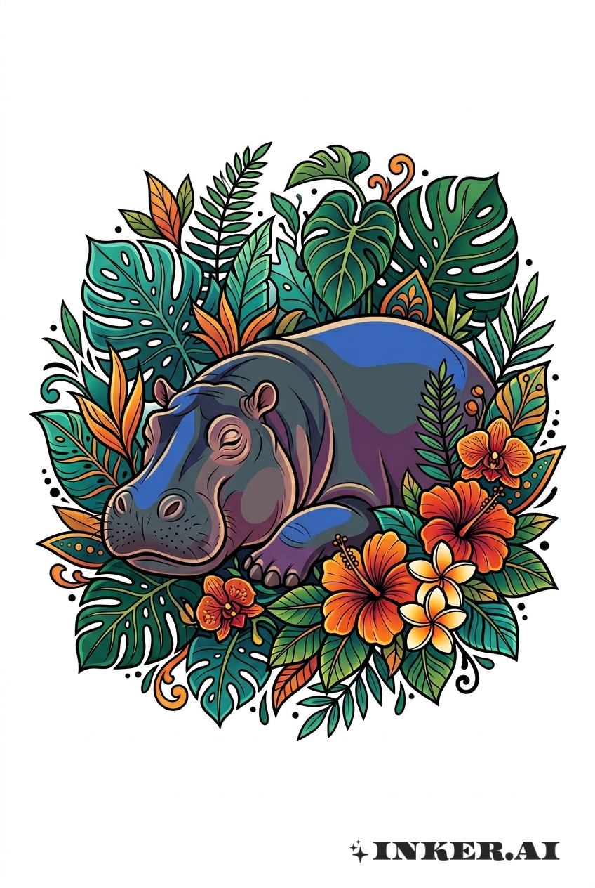 Nilpferd in Neo-Traditionalem Dschungel-Szenario