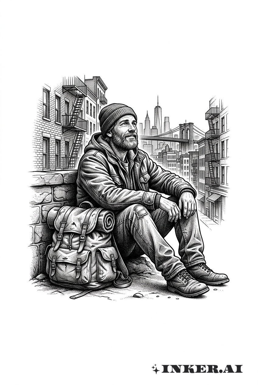 Vagabundo com Mochila e Tatuagem de Paisagem Urbana