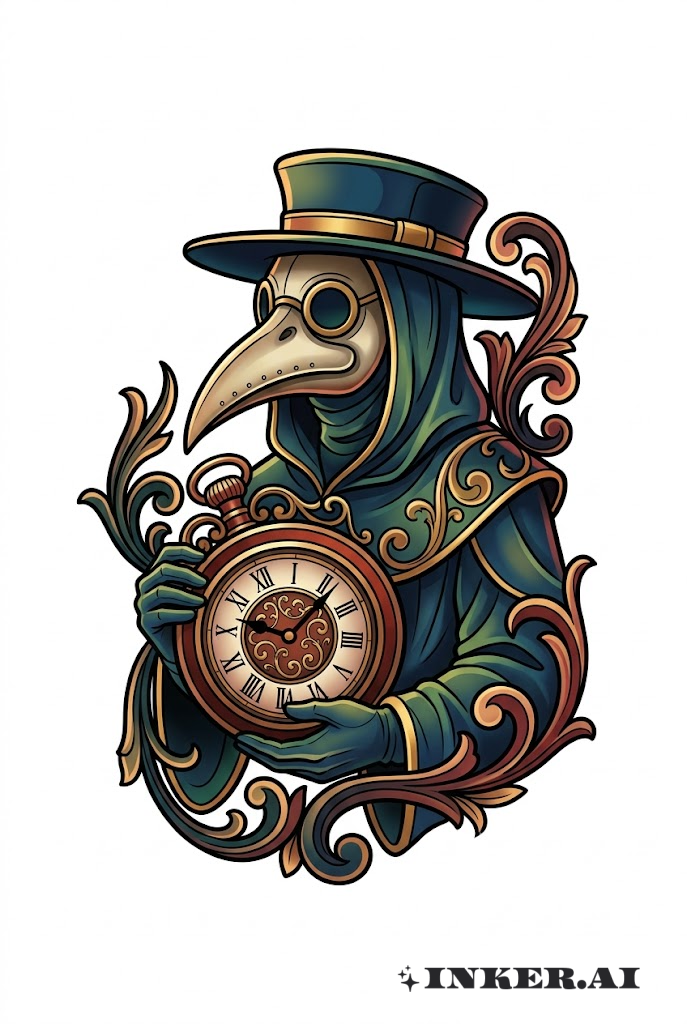 Plague Doctor with Vintage Clock