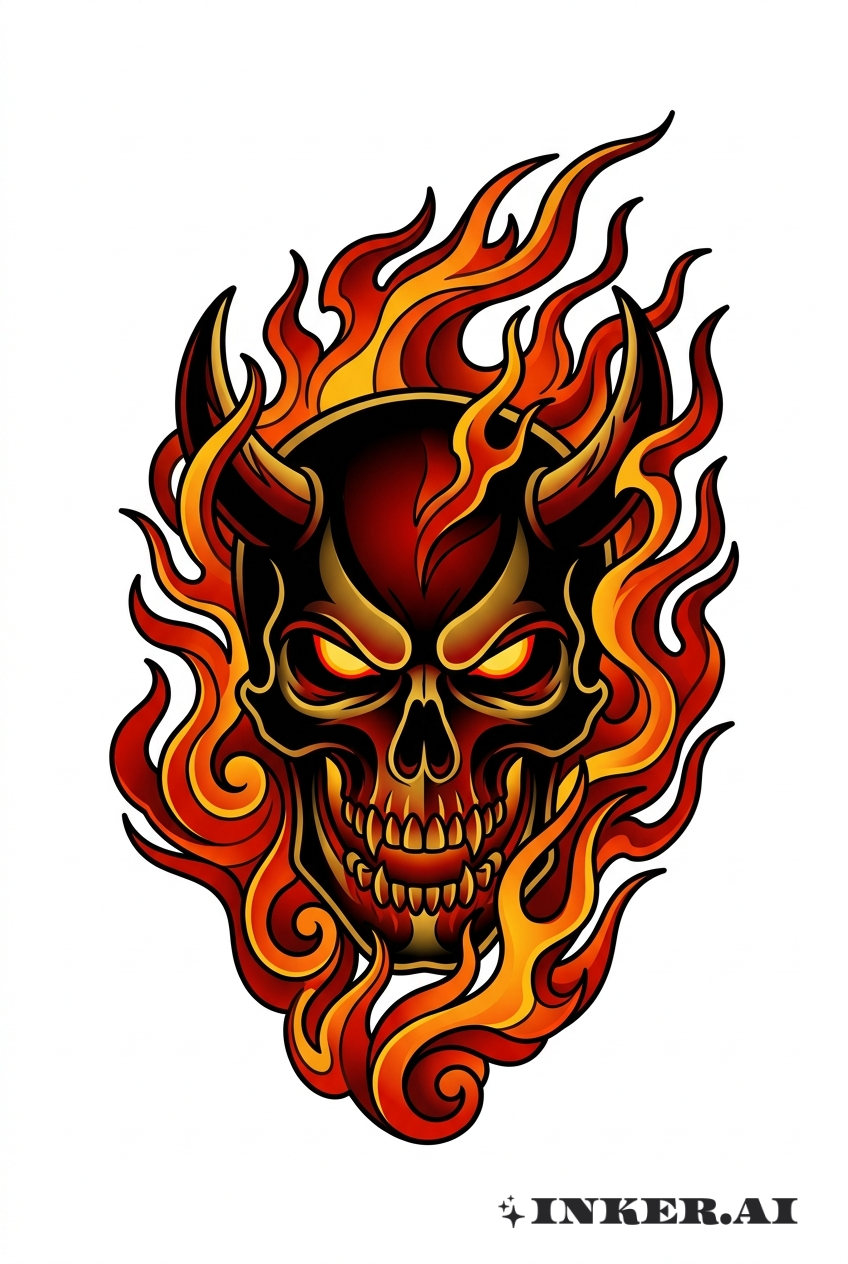 传统火焰下的恶魔骷髅