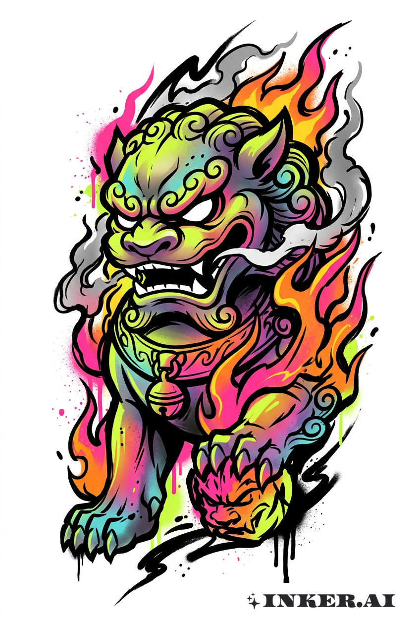 Lion gardien chinois en flammes
