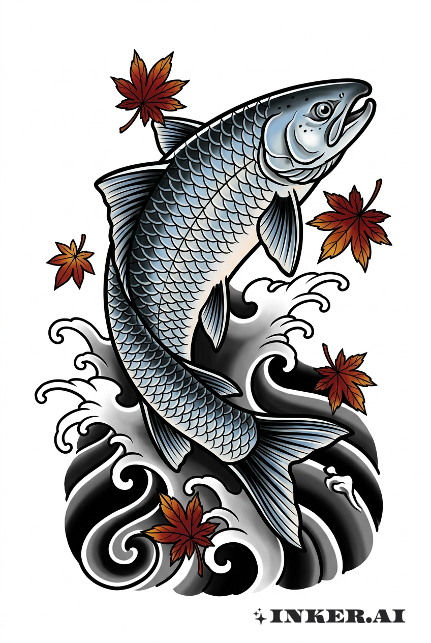 鯉をモチーフにしたサーモンと紅葉