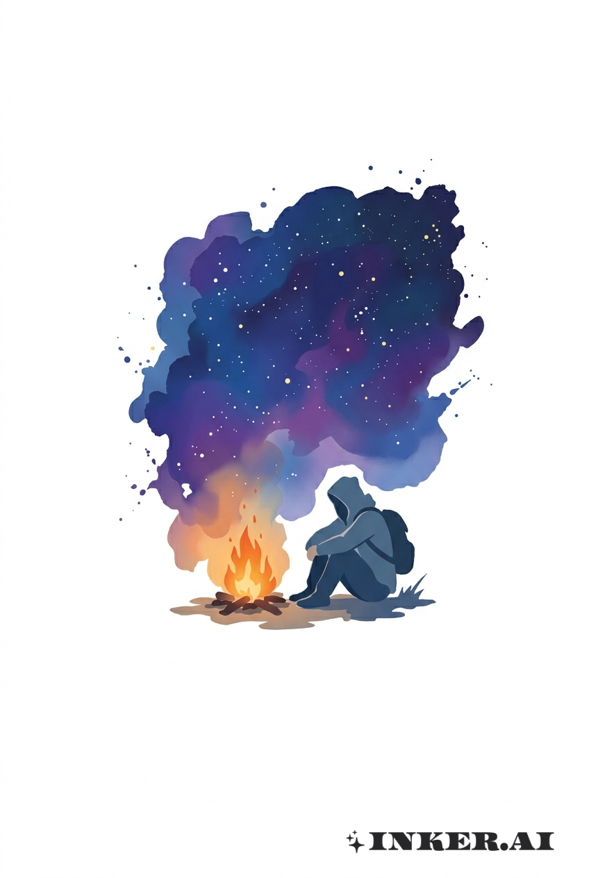 Cena de Fogueira de Vagabundo em Aquarela