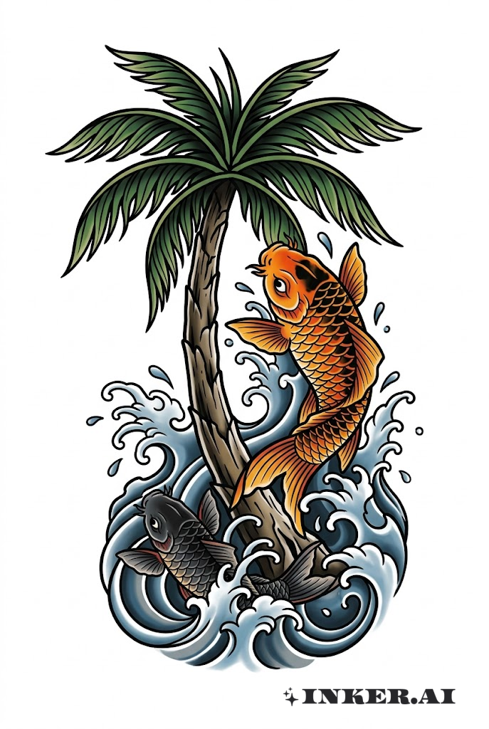 일본 야자수와 잉어 물결 문양