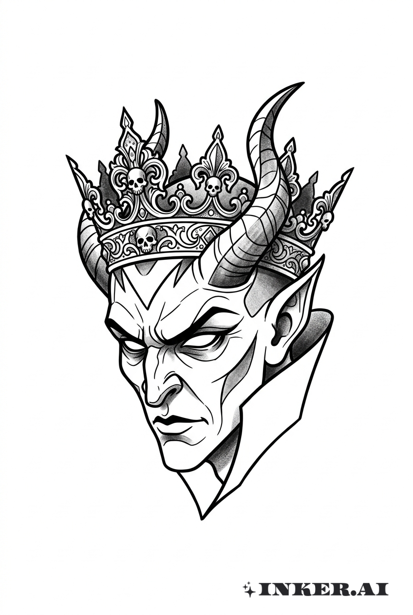 黑灰风格的戴冠恶魔纹身
