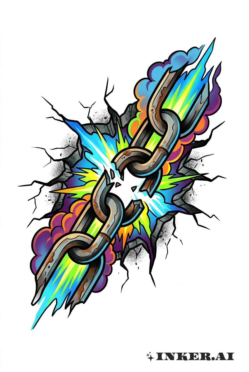 一幅生动绚丽的断裂锁链图，与充满戏剧性的色彩溅射交织，使用粗犷的轮廓线条和夸张的设计元素，灵感来自《生化奇兵》。