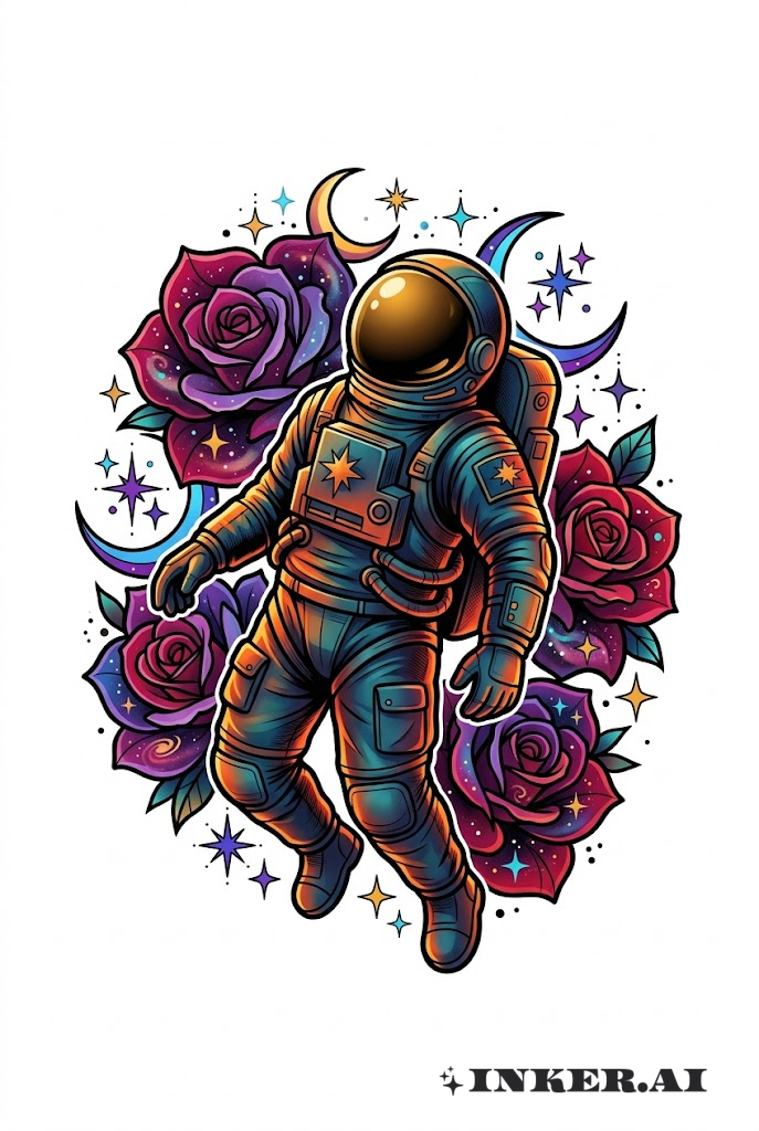 Neo-Traditioneller Astronaut mit kosmischen Rosen