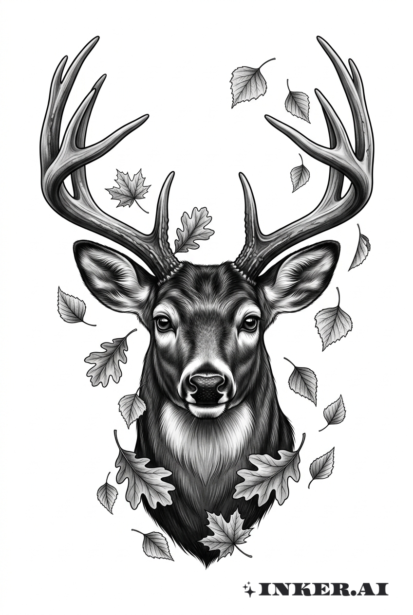 Buck Portrait with Autumn Leaves