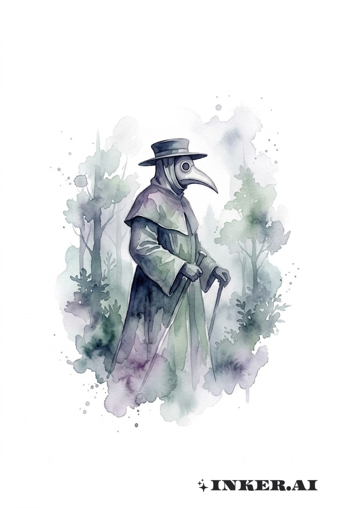 Aquarell Pestdoktor im Nebelwald