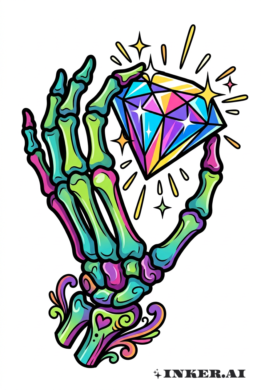 Schädelhand hält Diamanten