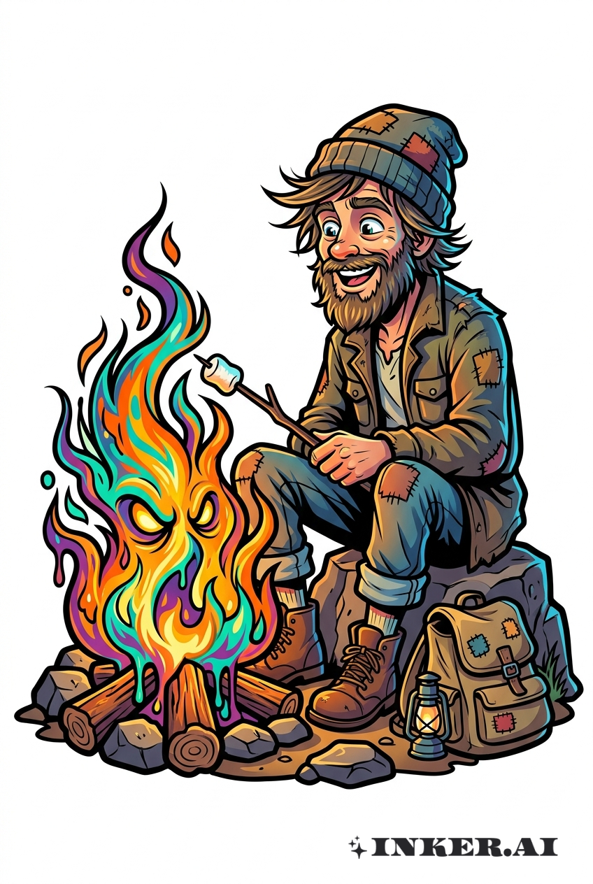 Vagabundo Sentado ao Lado de uma Fogueira Chamativa