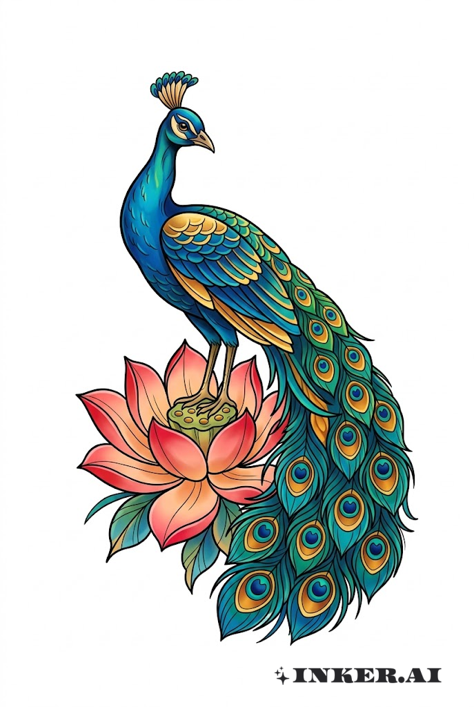 Paon et Lotus en Fleur