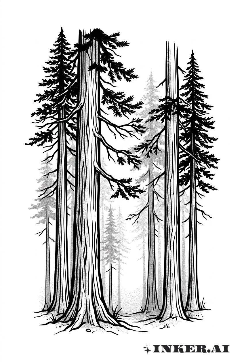 霧に包まれたレッドウッドの森の風景（モノクロ）