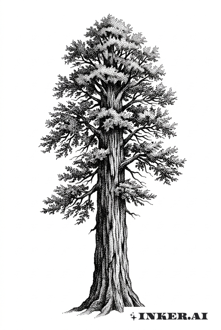 點畫紅木樹剪影