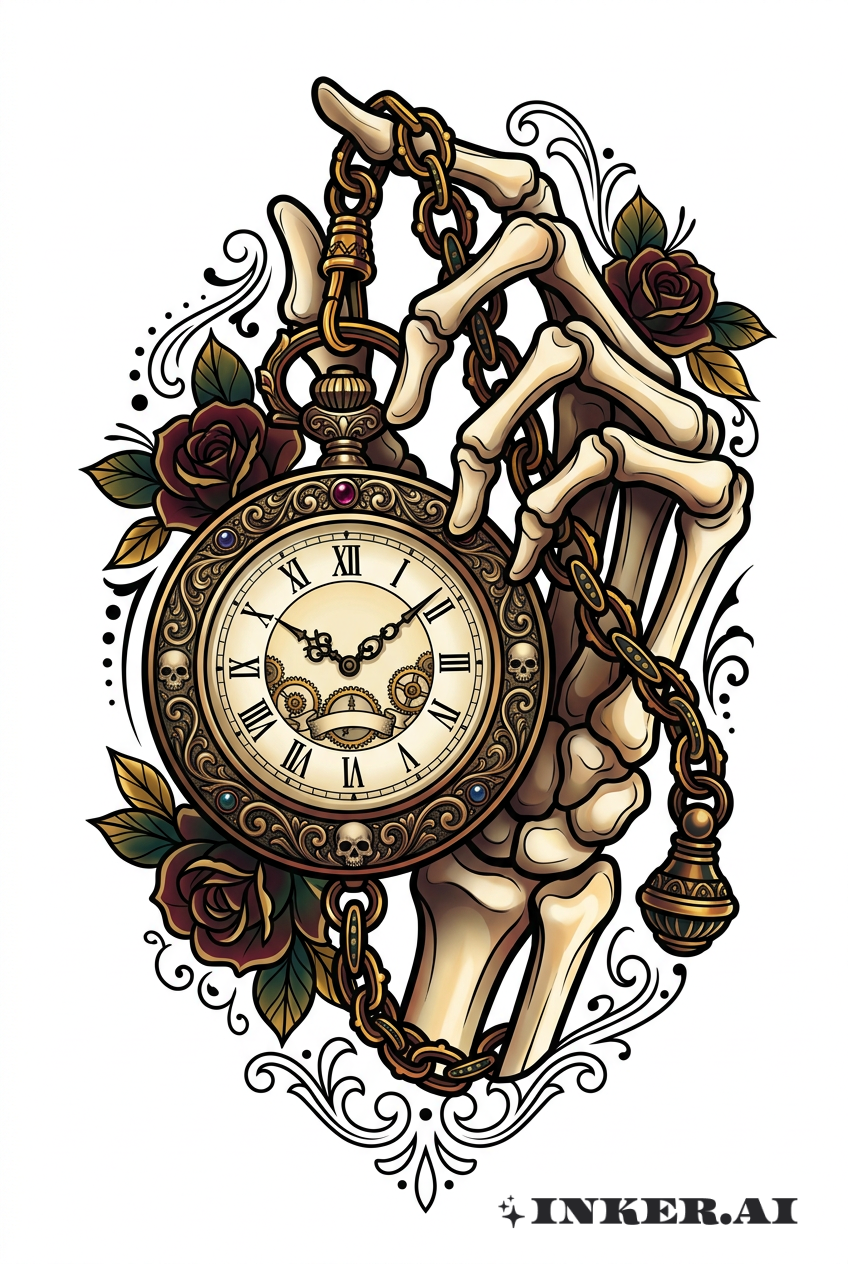 Totenschädel-Hand, die eine Vintage-Taschenuhr umklammert