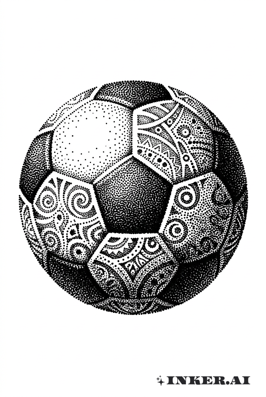 一个使用精细点阵图案设计的足球,形成为马赛克样式的纹身作品。