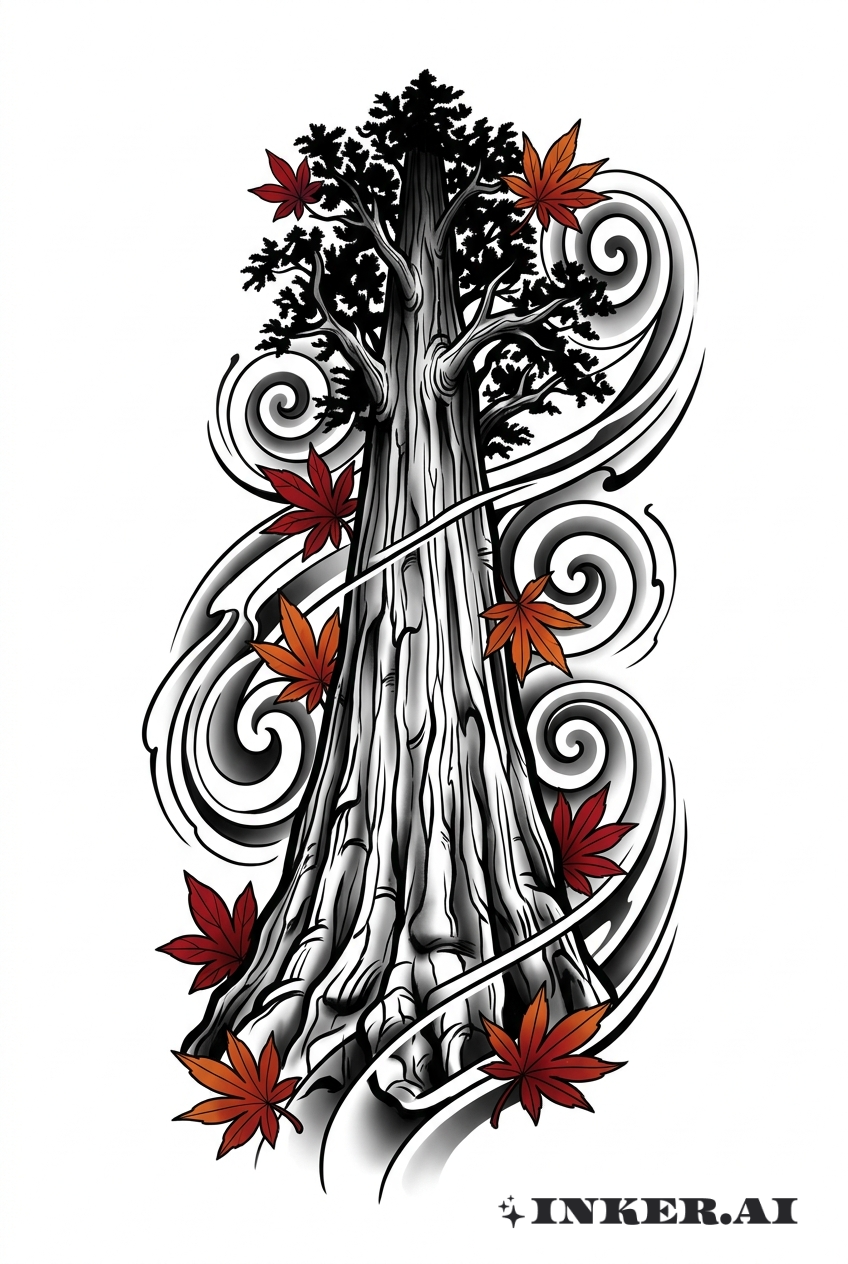 Árvore de Redwood Entre Folhas de Bordo Japonês