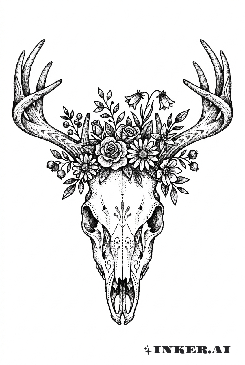 Dotwork Buck Skull with Floral Crown