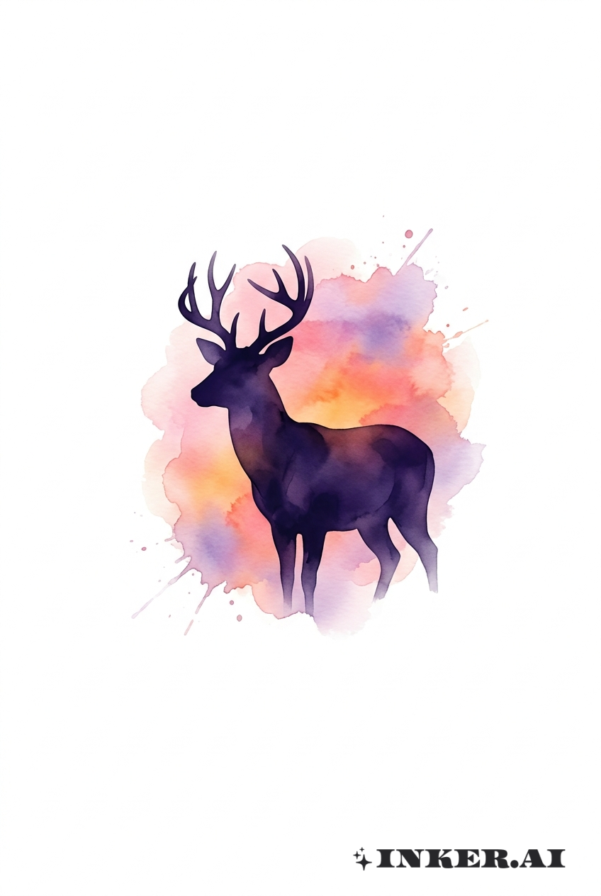 Watercolor Buck Silhouette at Sunset