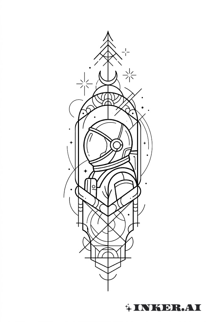 幾何的な装飾ケージの中の宇宙飛行士