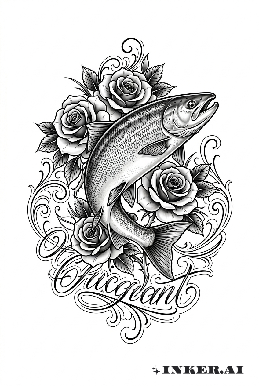 一条细节丰富的鲑鱼与一朵盛开的玫瑰融合，采用灰度表现，展现精妙的阴影和鲜明的对比。