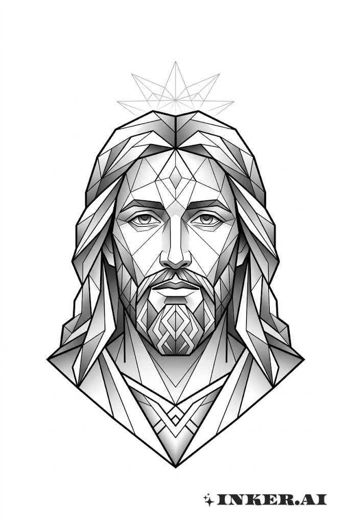 几何风格耶稣脸马赛克纹身