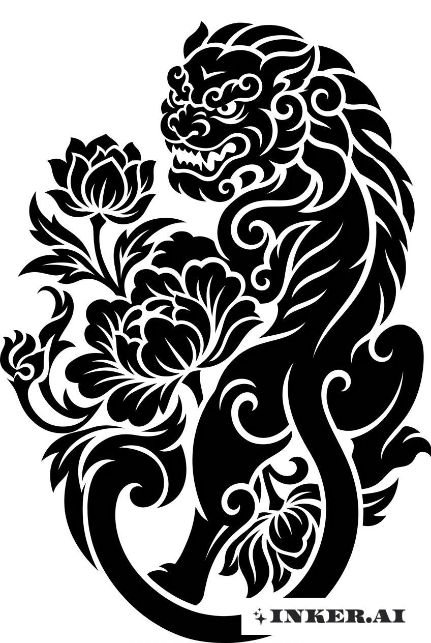 Leão de Fu tribal com elementos florais
