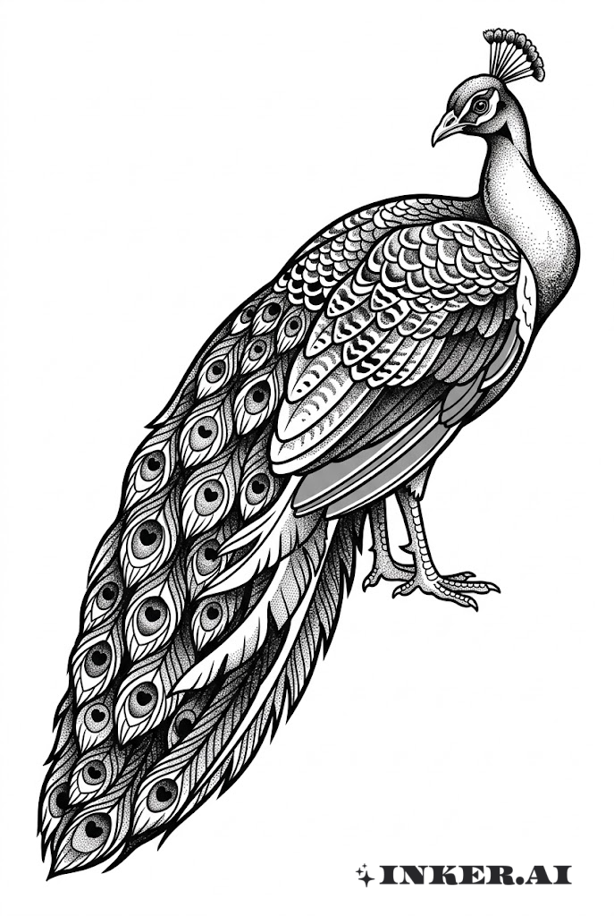 Pavo Real en Pose de Descanso en Negro y Gris