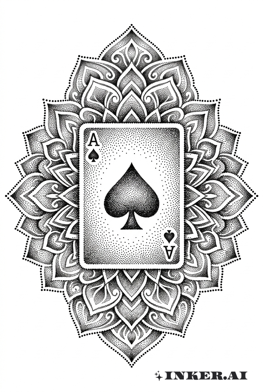 Mandala complexe de l'as de pique en Dotwork