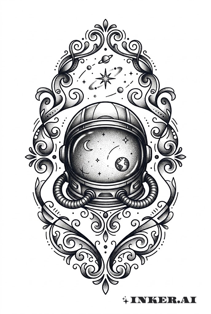 宇宙飛行士のヘルメットと花柄フレーム